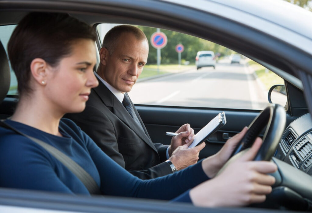 Inside a car during a driving test, showing an examiner observing a learner driver focused on the road ahead.