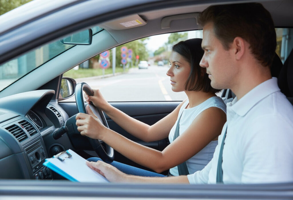 A learner driver and an examiner inside a car during a driving test, with the examiner observing and taking notes while the driver focuses on the road ahead.
