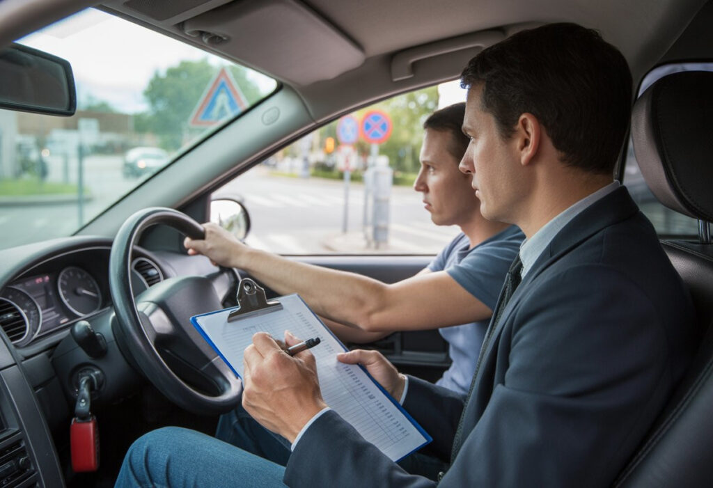 Driving examiner sitting in the passenger seat of a car, observing a young driver during a driving test on a suburban street.