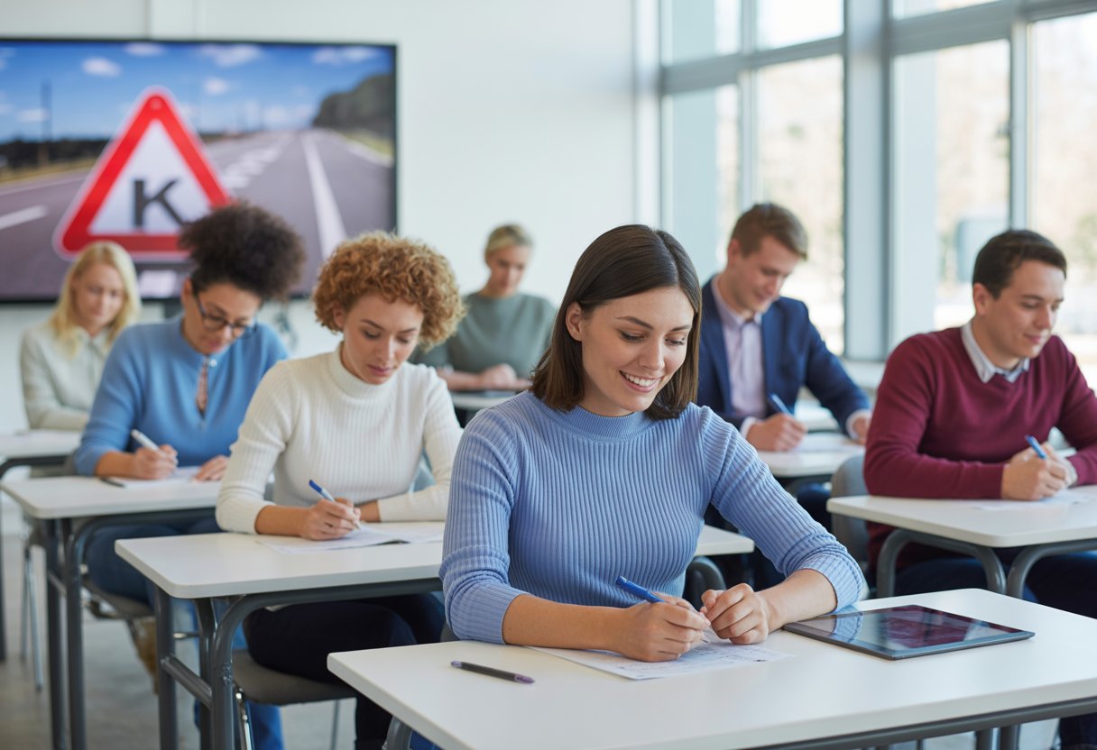 A group of young adults sitting in a classroom, focused on taking a driving theory test with a digital screen showing a UK road sign in the background.