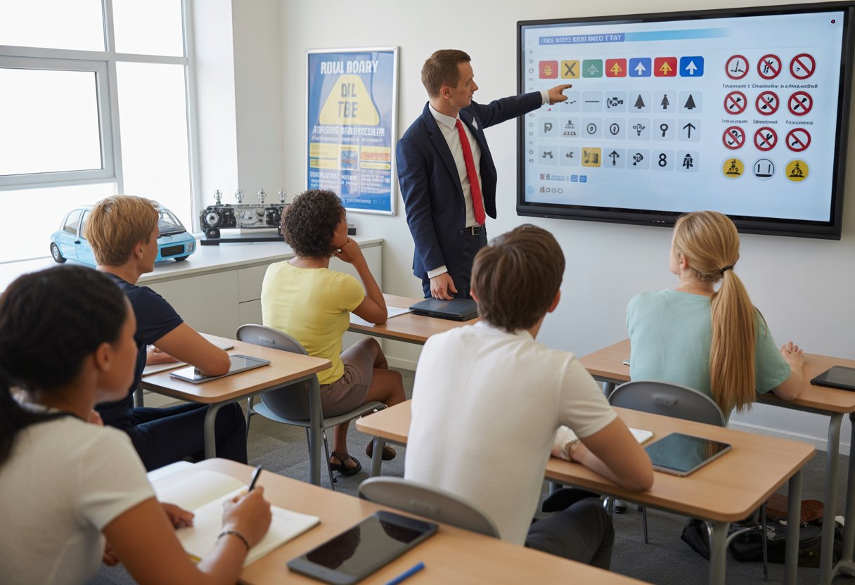 A group of young adults in a classroom learning about UK driving theory with an instructor pointing at road signs on a digital screen.