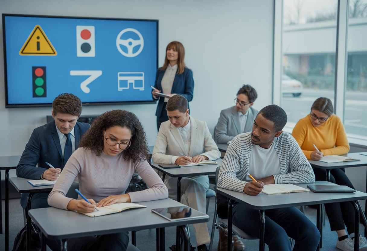 A group of learner drivers attentively listening to an instructor in a bright classroom with driving-related icons on a digital screen.