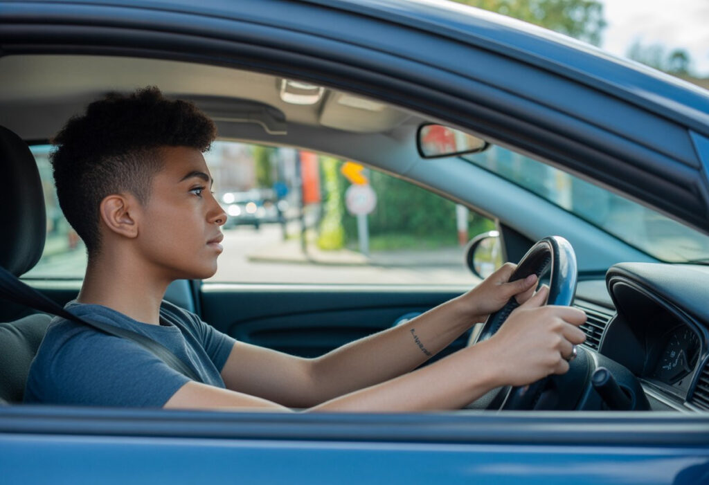 A young adult driver attentively looking at the road while driving on a suburban street.