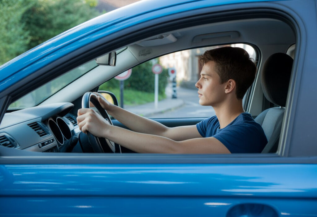 A young adult driver attentively looking at the road while driving on a suburban street.