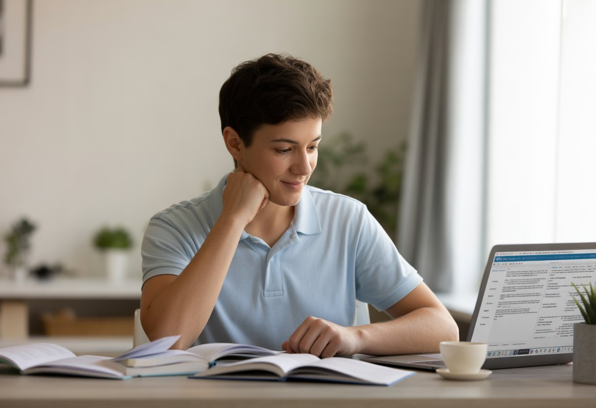 A young adult calmly studying driving theory materials at a desk in a quiet room with natural light.