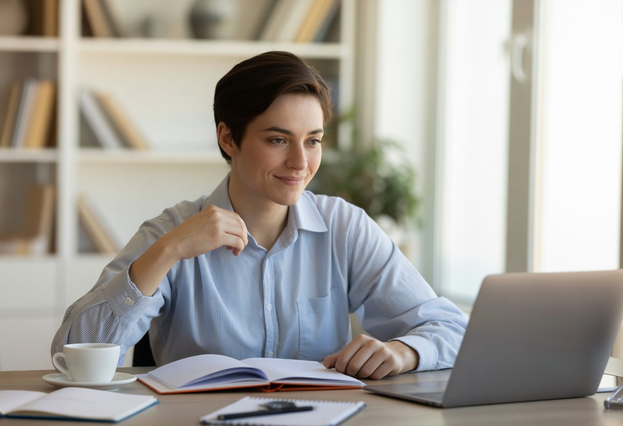 A young adult calmly studying at a desk with a laptop and notebooks in a bright room.