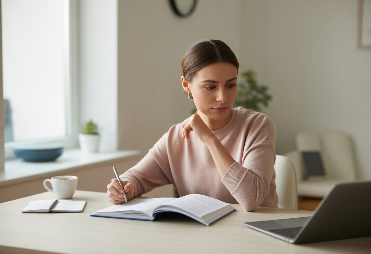 A young adult calmly studying driving theory materials at a desk in a quiet, well-lit room.
