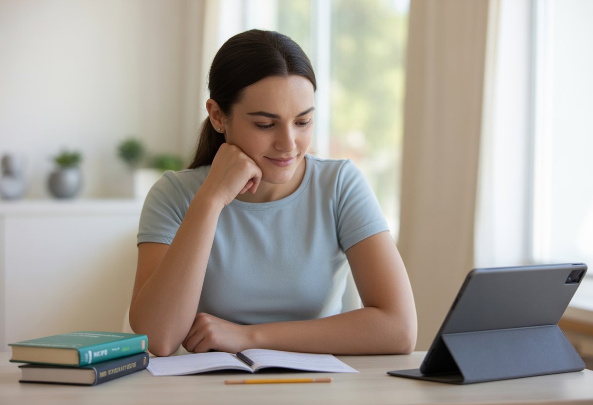 A young adult calmly studying driving theory materials at a desk in a bright room.