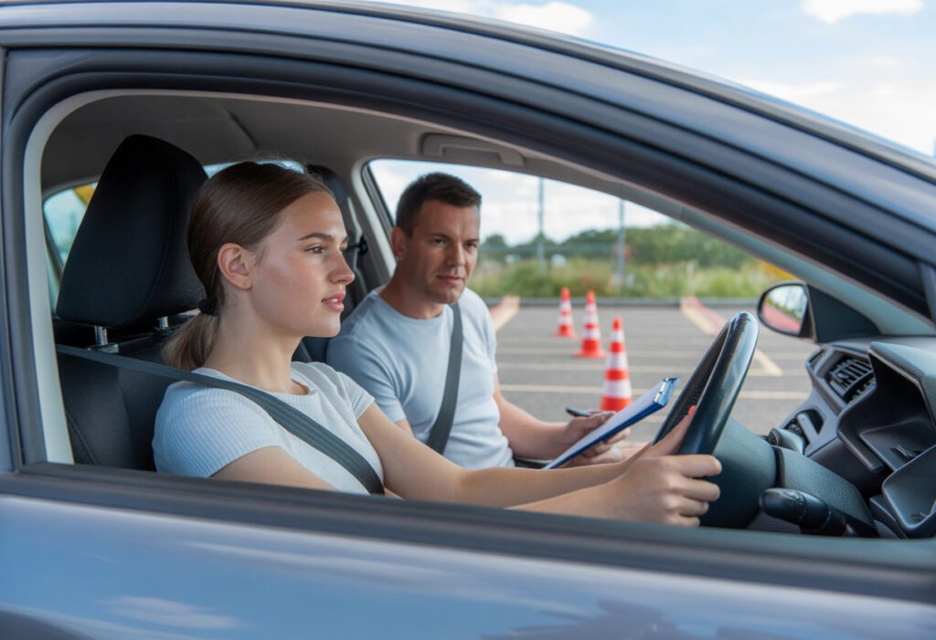 A learner driver sits behind the wheel of a car with an instructor beside them holding a clipboard in a driving test centre parking lot.