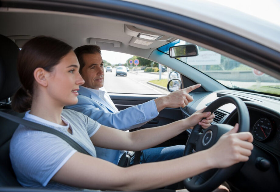 A learner driver and instructor inside a car during a driving lesson on a suburban street.