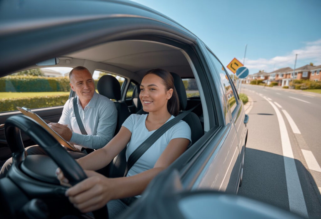A learner driver and driving instructor in a car during a mock driving test on a quiet suburban street.