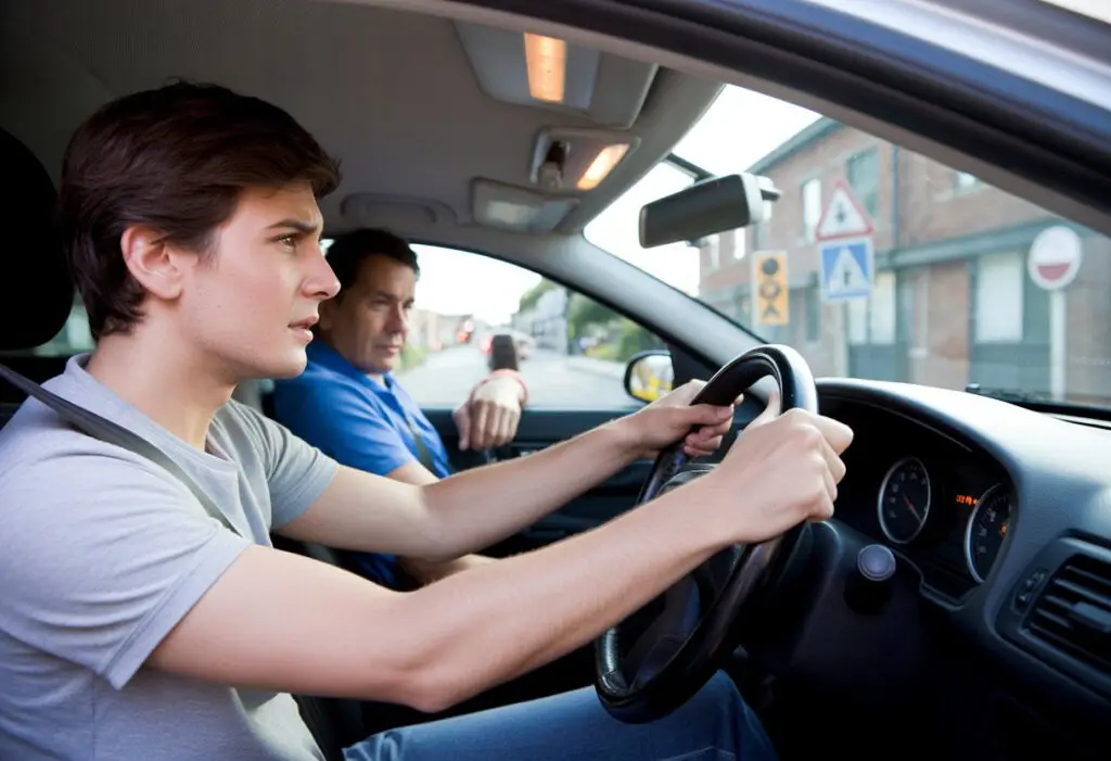 A young learner driver concentrating inside a car on a UK suburban street with a driving instructor beside them.