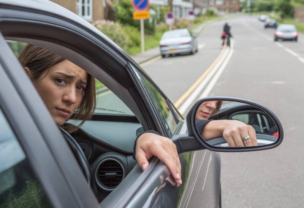 Learner driver in a car checking side mirror on a suburban UK road with parked cars and clear road markings.