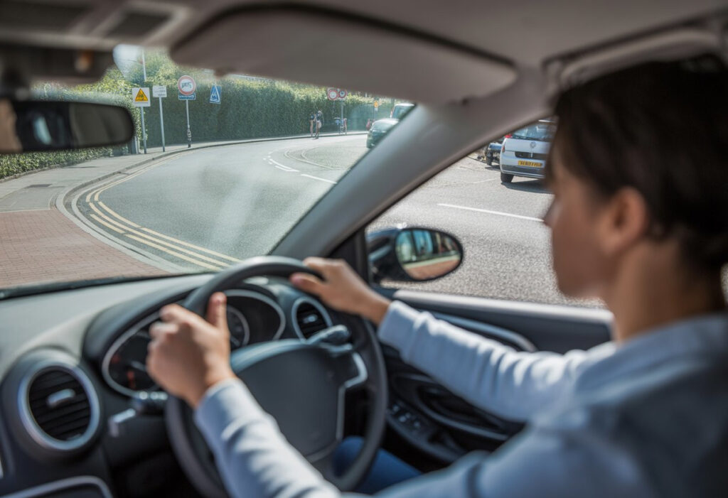 A learner driver in a UK car carefully positioning the vehicle to make a left turn at a suburban road intersection.