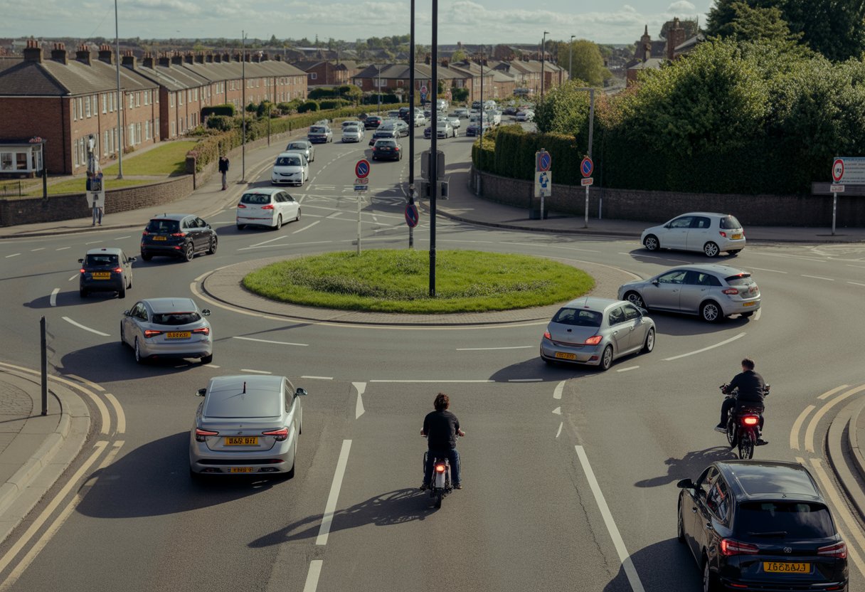 A busy UK roundabout with cars, a motorcycle, and a cyclist navigating the junction under clear daylight.