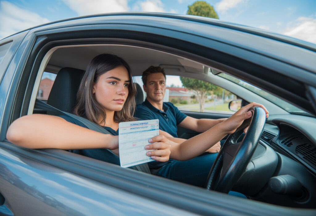 A learner driver sitting in a car with an instructor on a quiet suburban street, both focused and ready for a driving test.