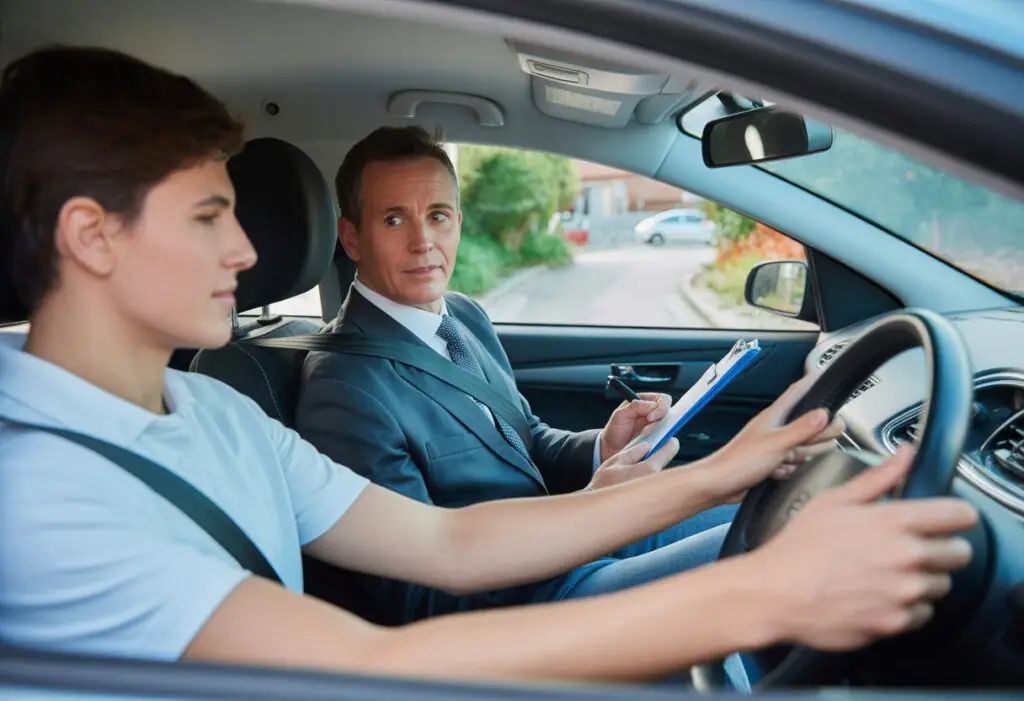 A driving instructor and learner driver sitting inside a car, discussing safety checks before a driving test.