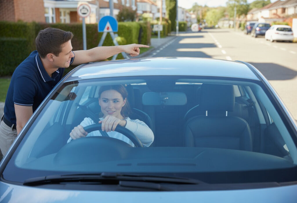 A learner driver sitting in a car with a driving instructor pointing towards the road during a driving test preparation.