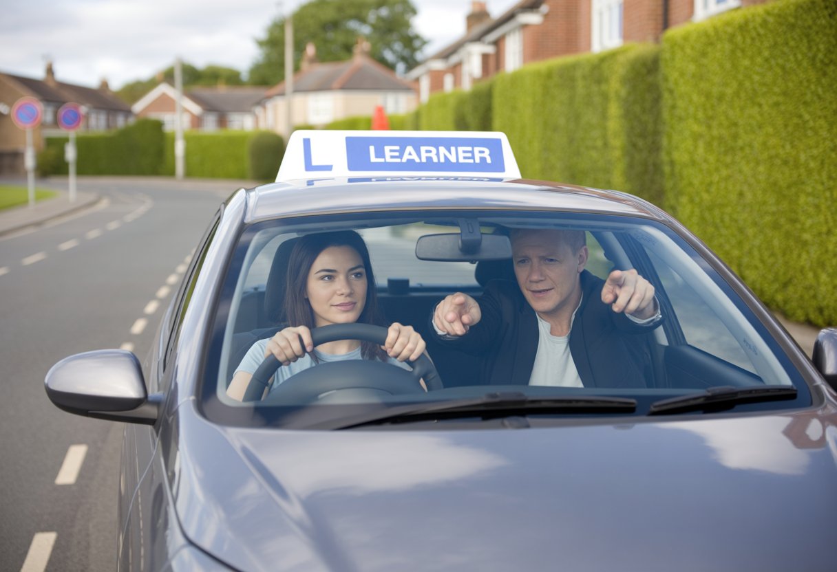 A learner driver and instructor in a car on a suburban UK road with houses and greenery in the background.