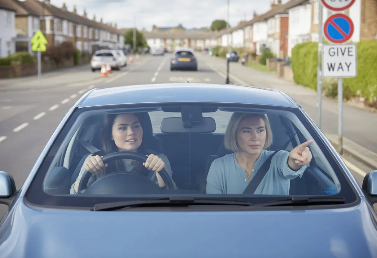 A learner driver and instructor in a car on a suburban UK road with houses, road signs, and a roundabout in the background.