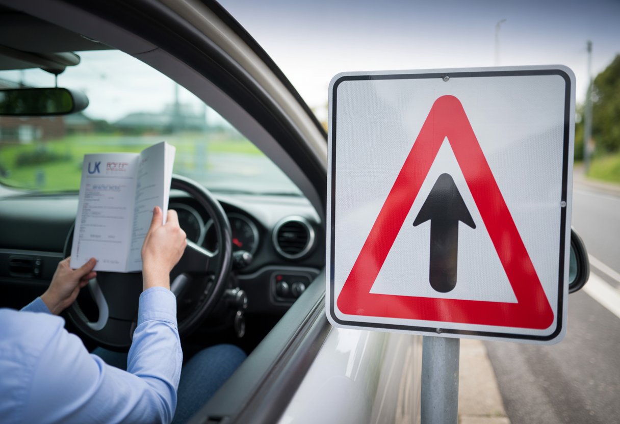 Close-up of a UK road traffic sign with a learner driver holding a driving theory test booklet inside a car in the background on a suburban road.