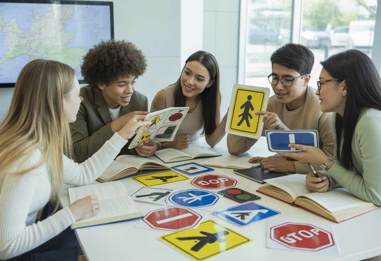 A group of young adults studying UK road signs and traffic signals together at a library table with books and tablets.