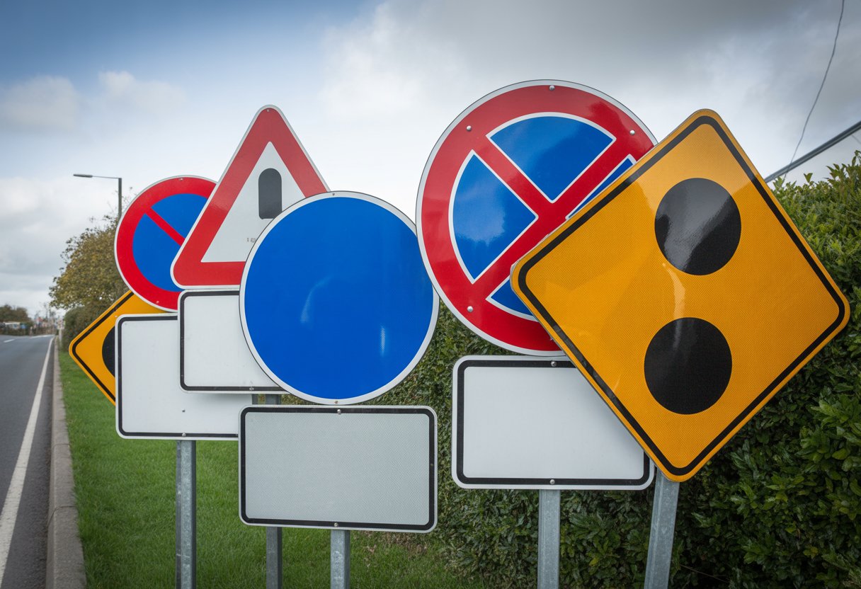 A variety of UK road signs displayed along a suburban roadside with green hedges and a cloudy sky in the background.