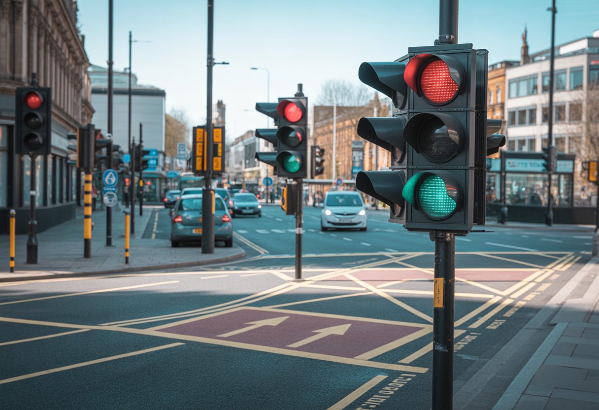 A UK street intersection with traffic lights showing red, amber, and green signals, visible road markings including pedestrian crossings and lane dividers, vehicles waiting, and buildings in the background.