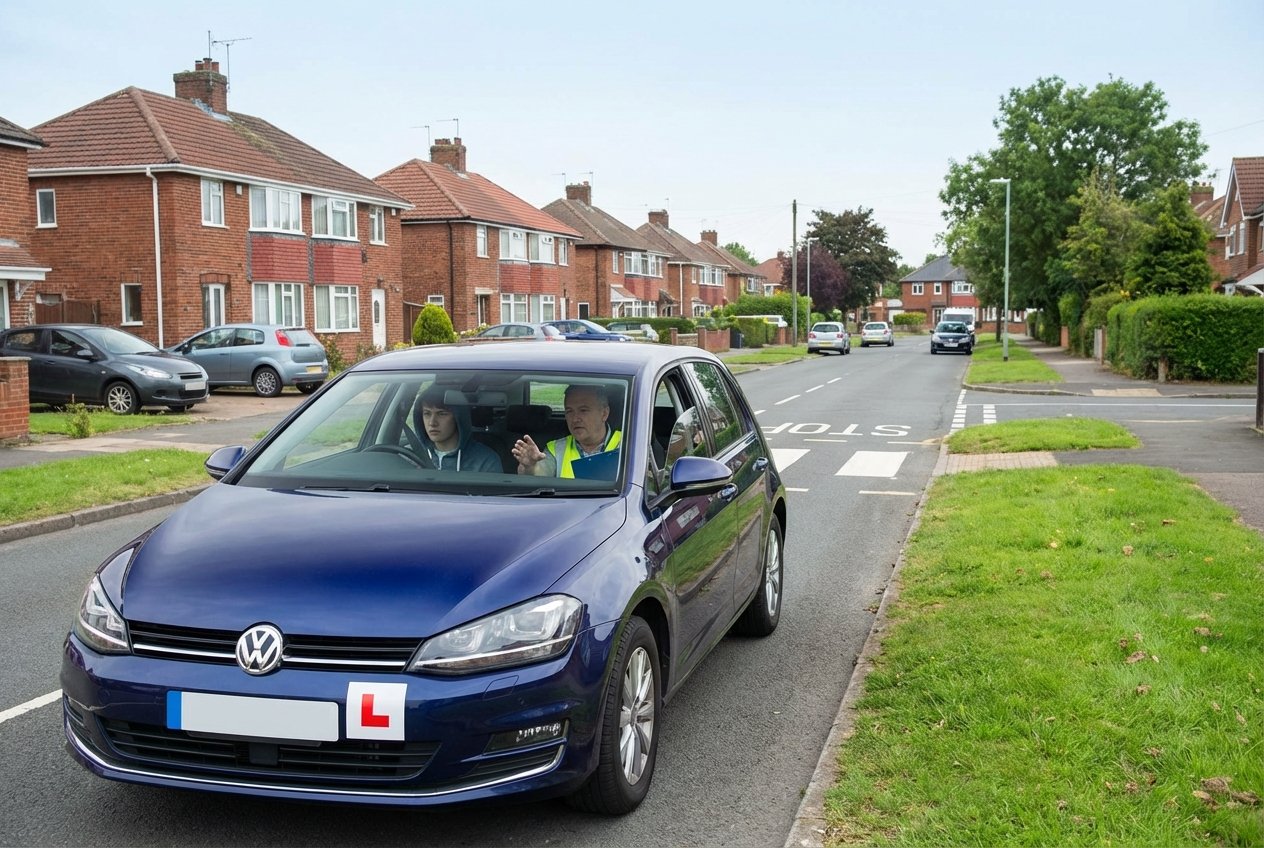 A learner driver and instructor in a car on a quiet UK street during a driving test.