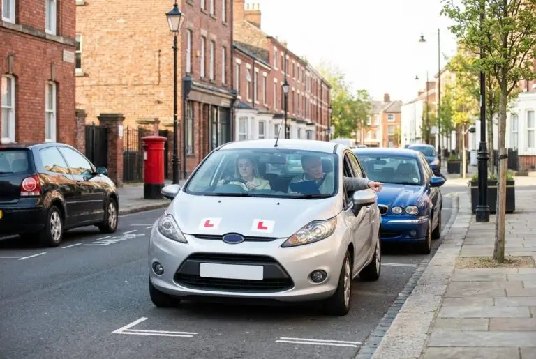 A learner driver reversing a car into a parallel parking space on a UK street with a driving instructor beside them.
