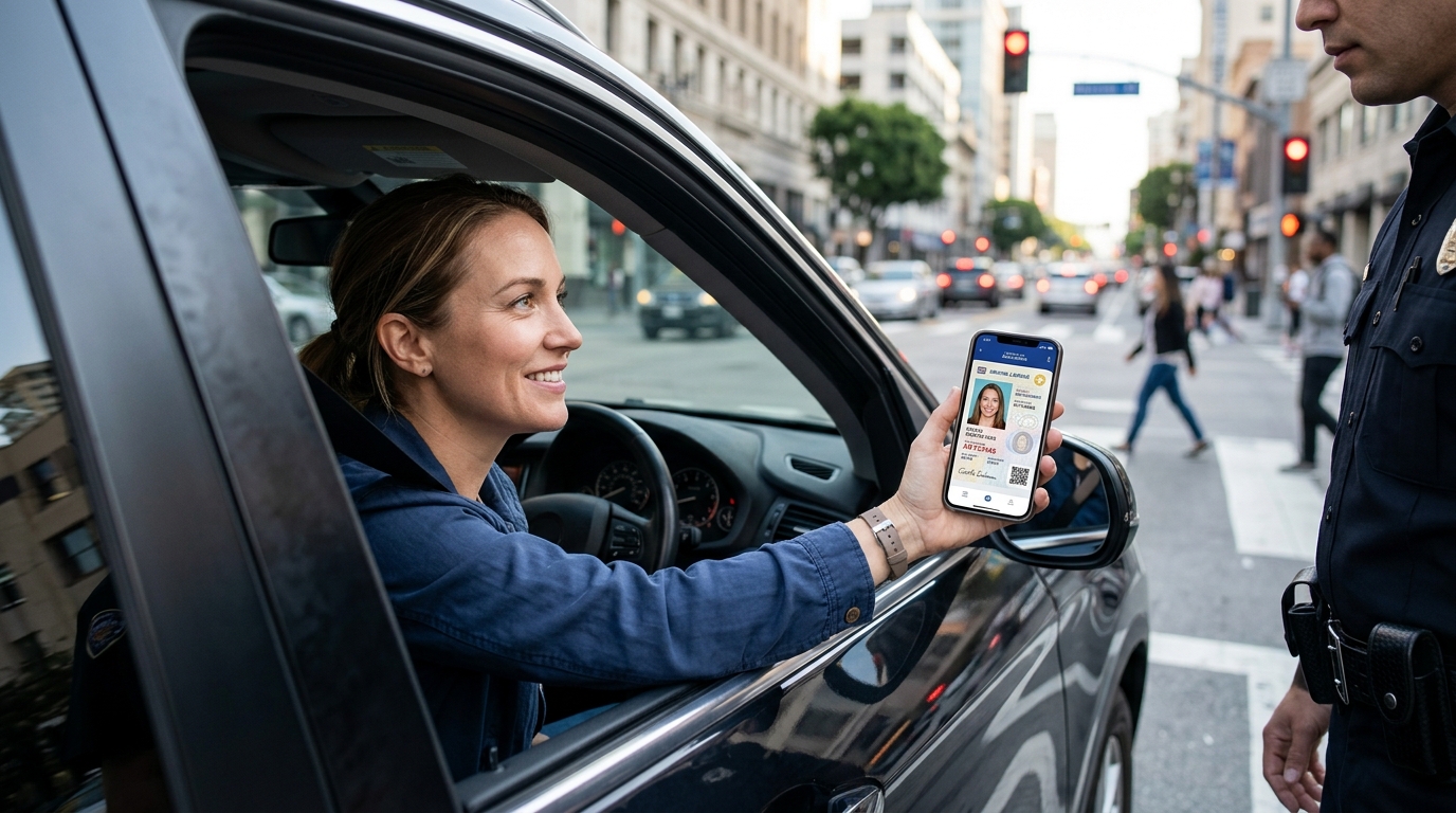 Woman holding digital driving licence