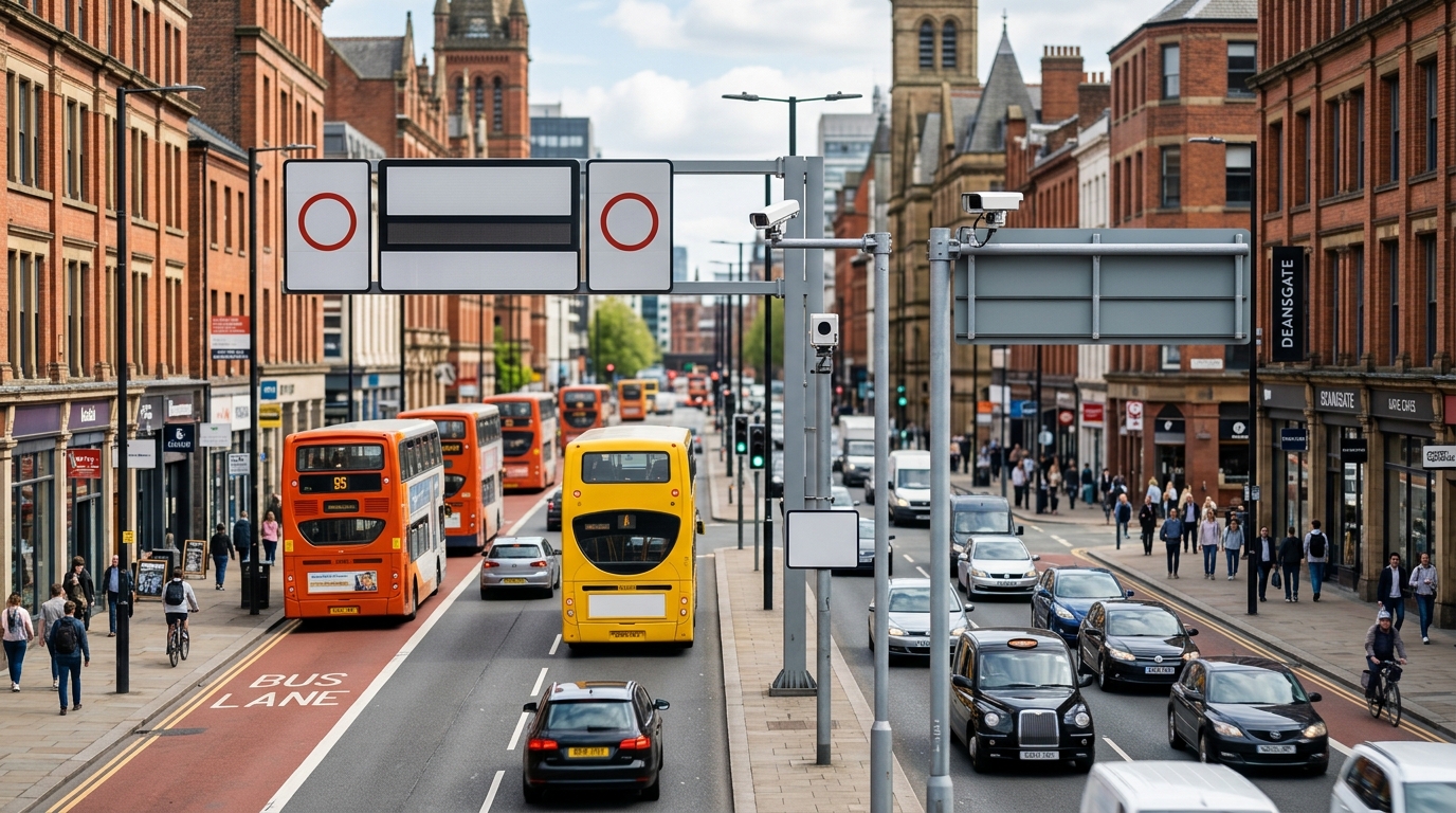 Busy Manchester street with an example of cameras and signage