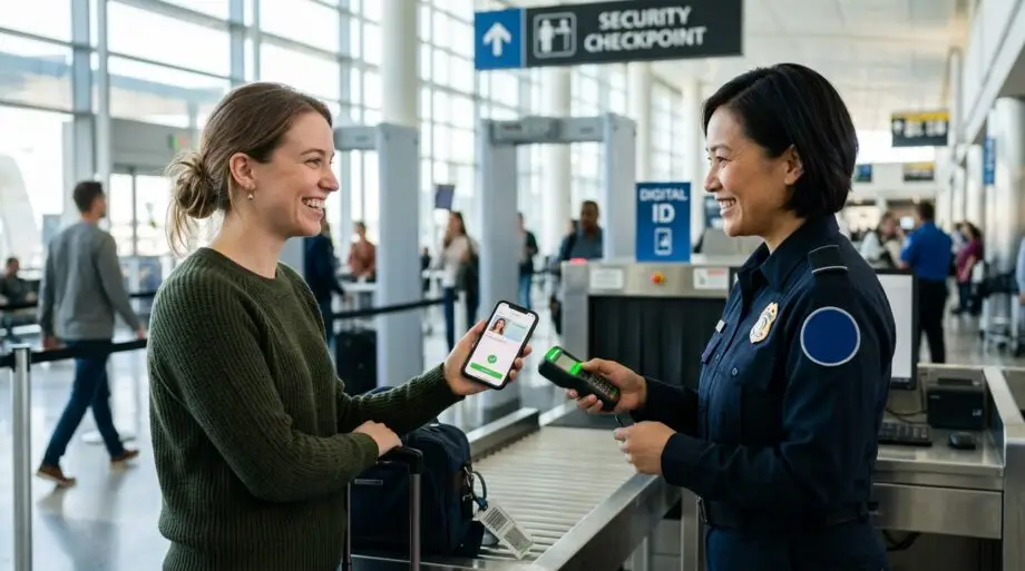woman showing licence at security desk