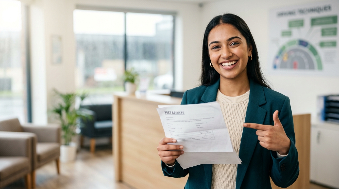 Woman holding driving test results