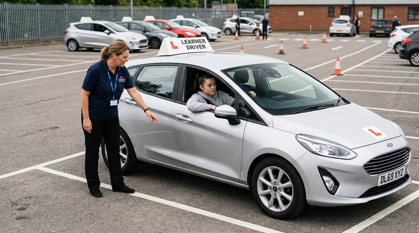 Driving instructor helping a pupil with Reverse Bay Parking