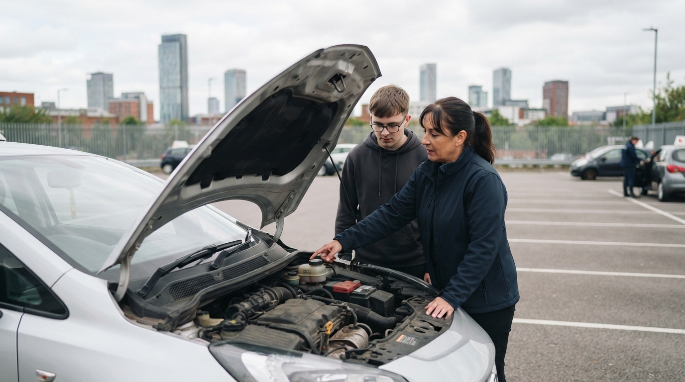 woman showing a young man where important maintenance items are in the engine bay