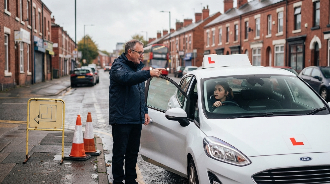 Driving instructor standing outside a earner car with the learner driver sitting in the driving seat