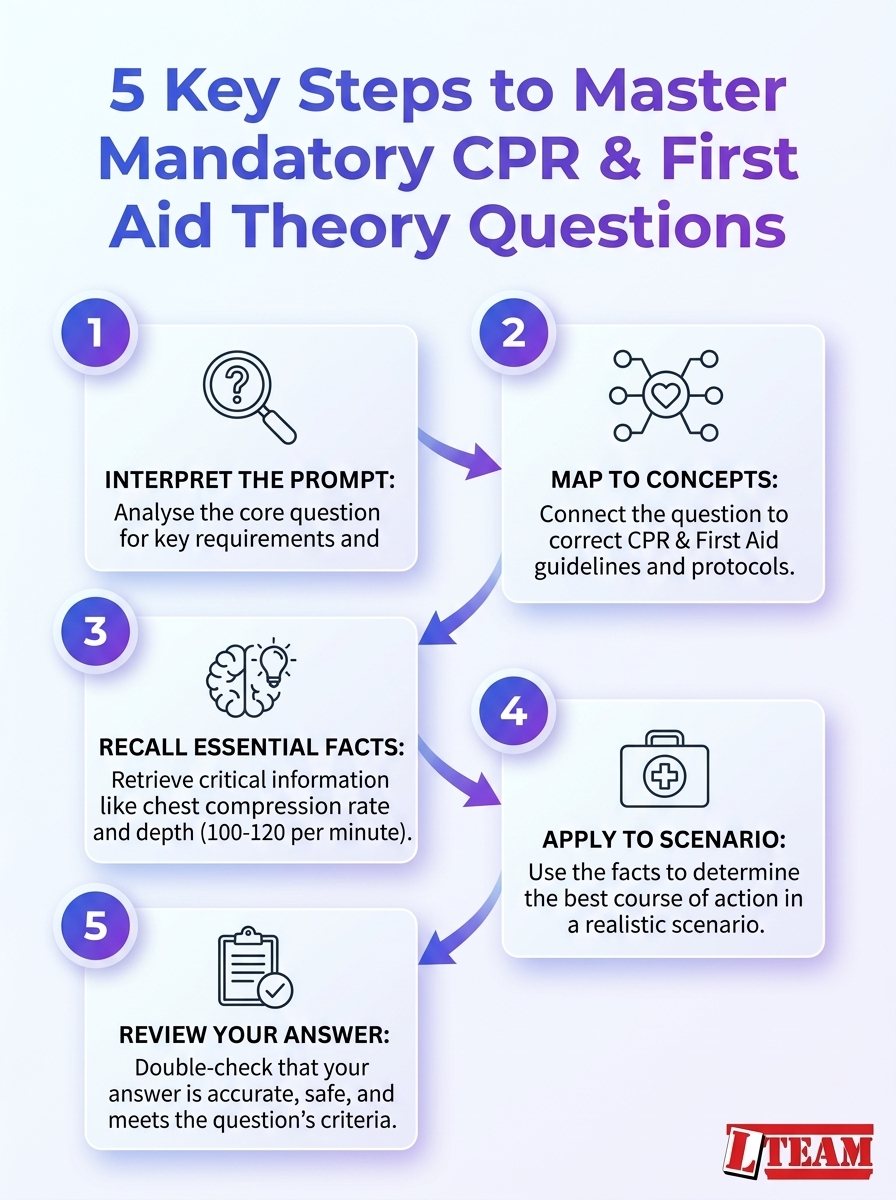 Infographic: 5 Key Steps to Master Mandatory CPR & First Aid Theory Questions.