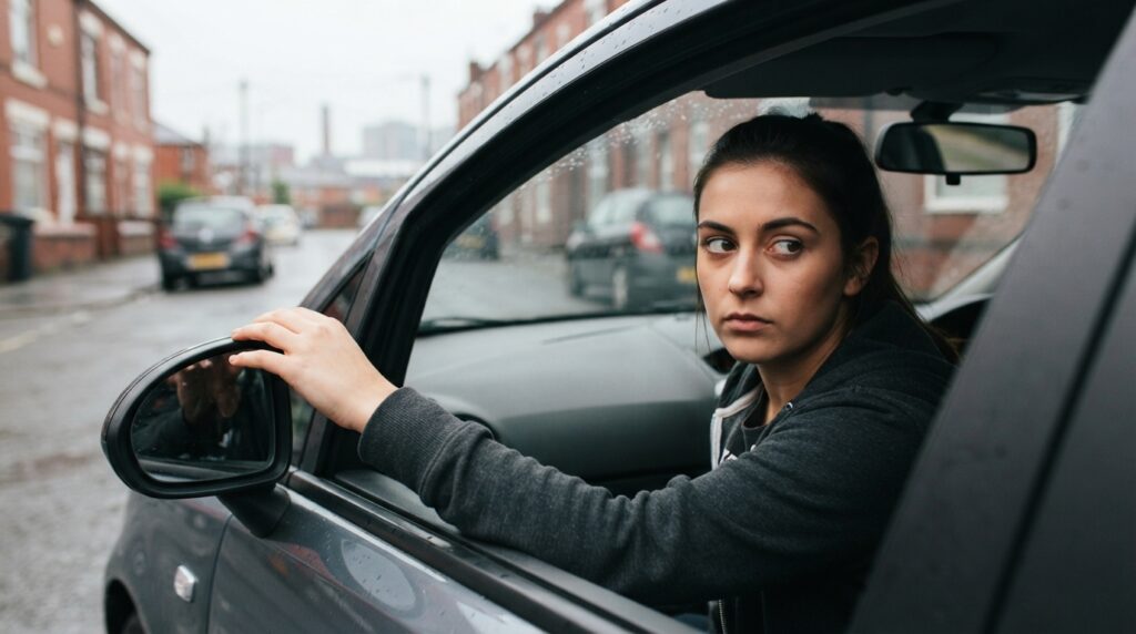 young woman adjusting a door mirror