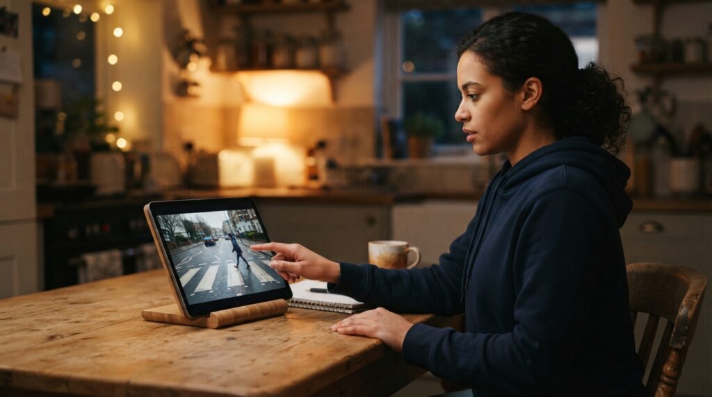 A learner studies a hazard perception video on a tablet at a kitchen table, finger poised as a pedestrian approaches a crossing