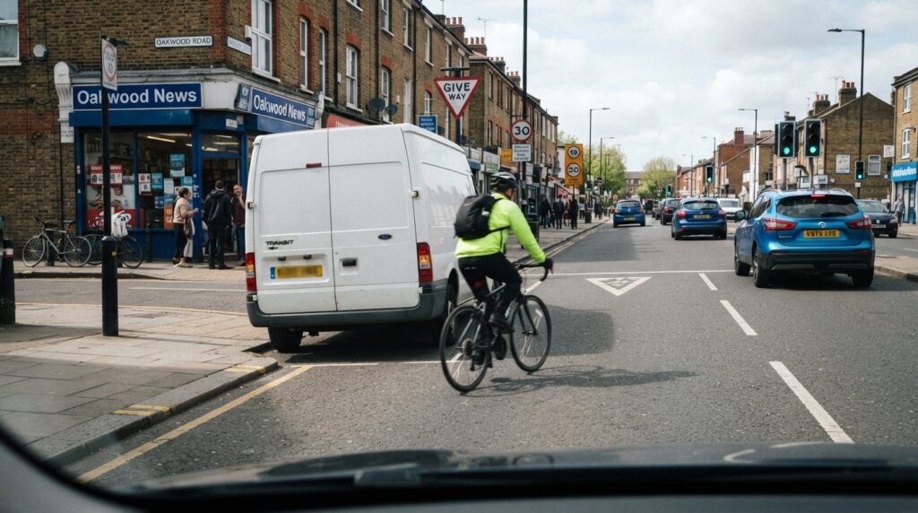 A road-level view shows a cyclist emerging from behind a parked van at a junction, the developing hazard clear in bright light