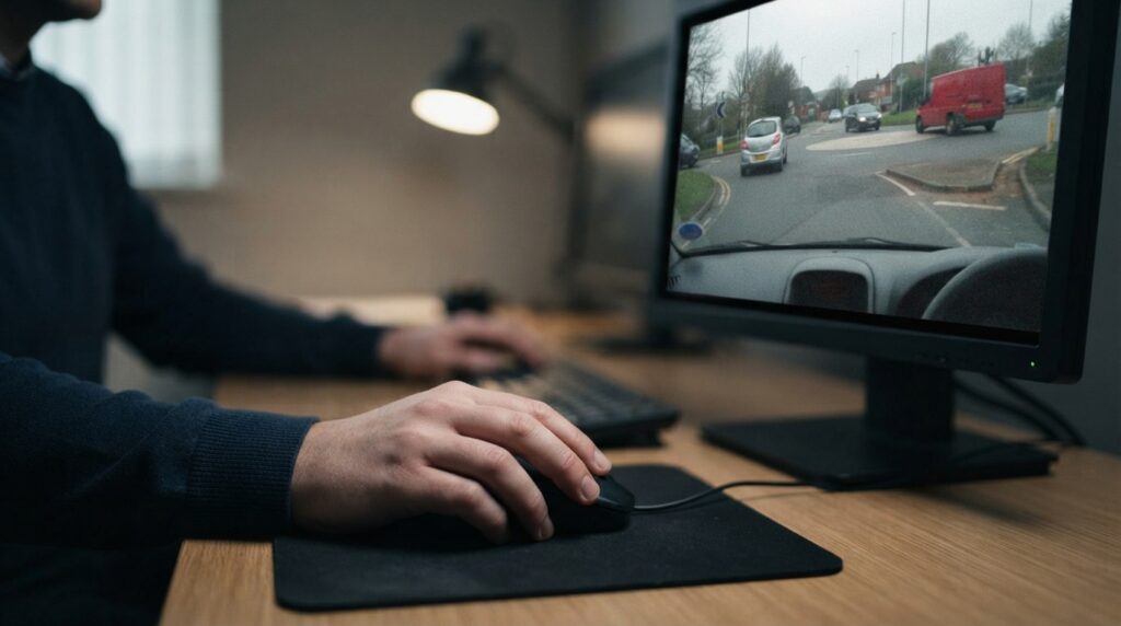 A close-up shows a hand clicking a mouse beside a monitor displaying a hazard perception clip of traffic approaching a roundabout