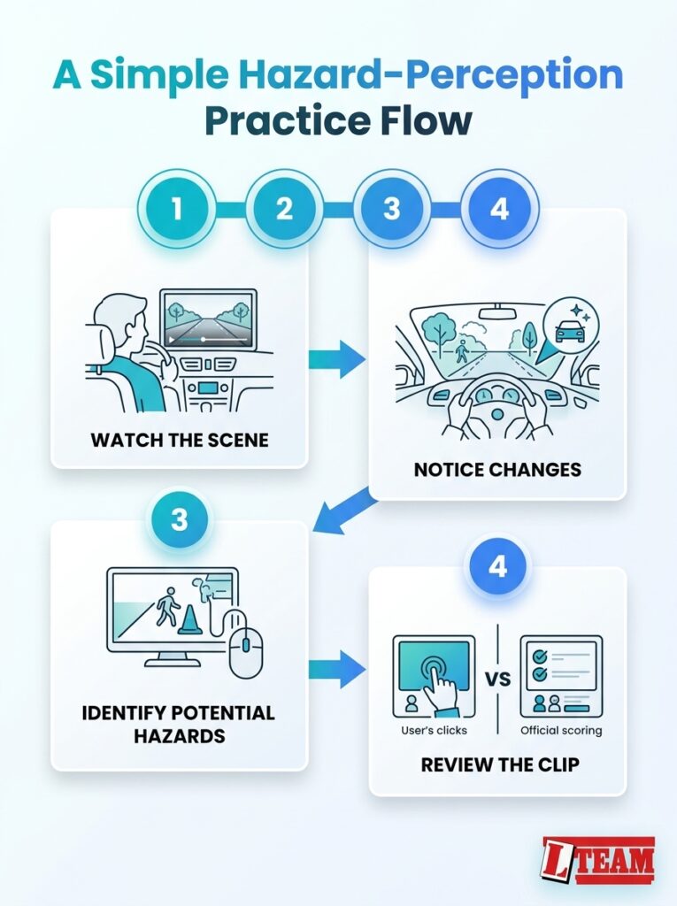 Infographic showing a simple hazard perception test clips practice flow, from watching and spotting hazards to reviewing results.