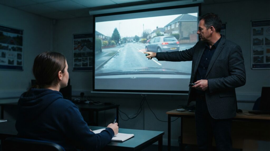In a dim driving classroom, an instructor points to a projected road clip showing a car beginning to pull out ahead.