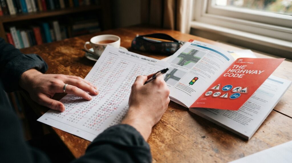 Close-up of a learner’s hands comparing a marked multiple-choice answer sheet with an open UK road-rules handbook on a desk