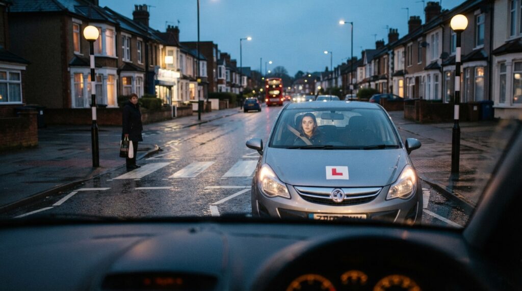 A learner driver slows before a zebra crossing on a wet British street at dusk, watching a pedestrian waiting at the kerb.