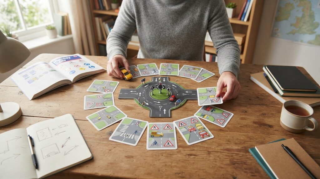 Overhead view of a learner arranging illustrated hazard cards around a miniature British roundabout in a bright study room.
